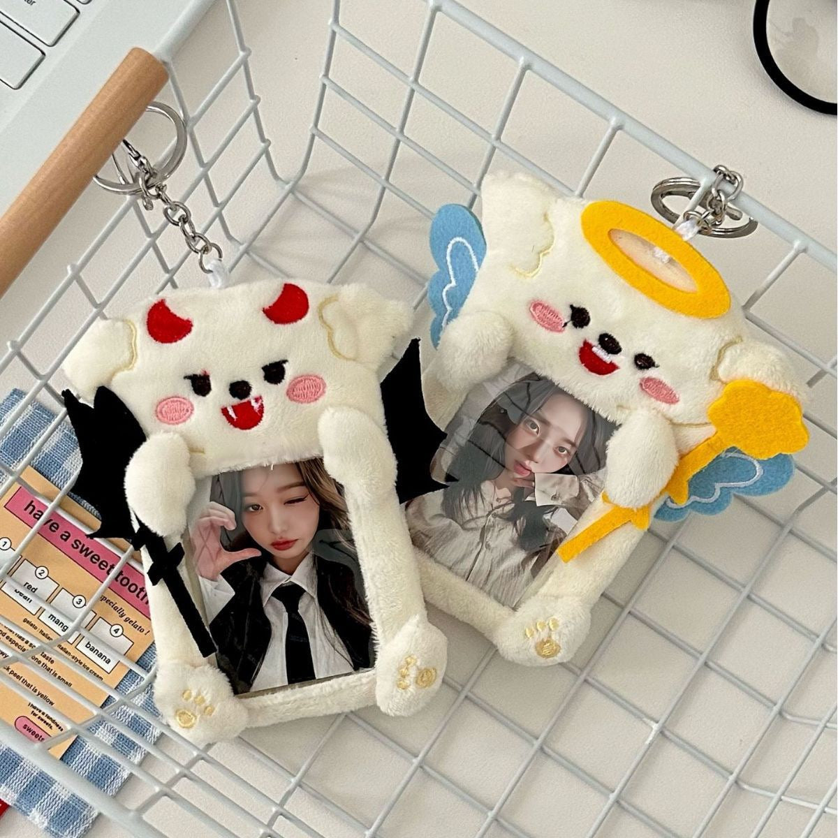 Plush Kpop Photocard Holder Key Chain- puppy angel and devil