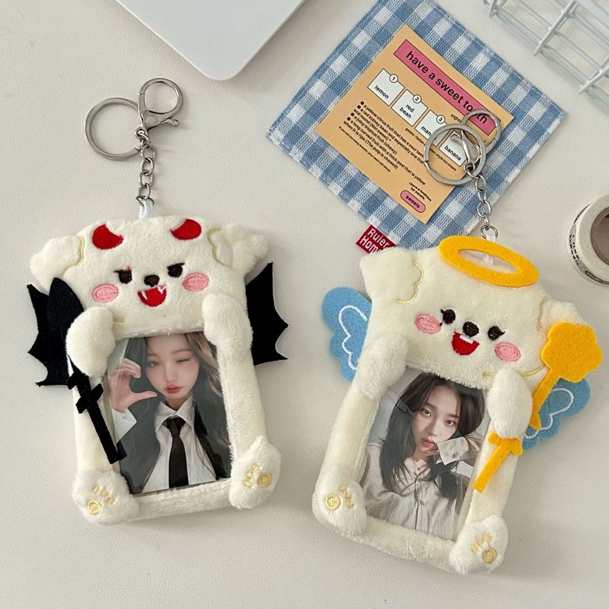 Plush Kpop Photocard Holder Key Chain- puppy angel and devil