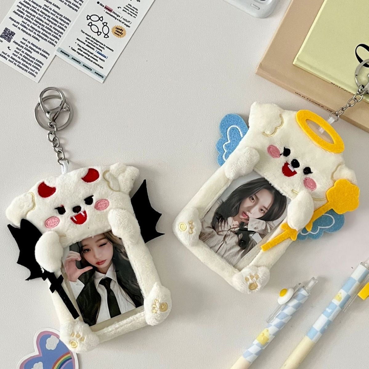 Plush Kpop Photocard Holder Key Chain- puppy angel and devil